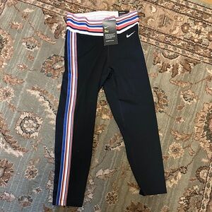 Nike Pro with Dri-Fit Black Crop Leggings with Red and Blue Stripes
